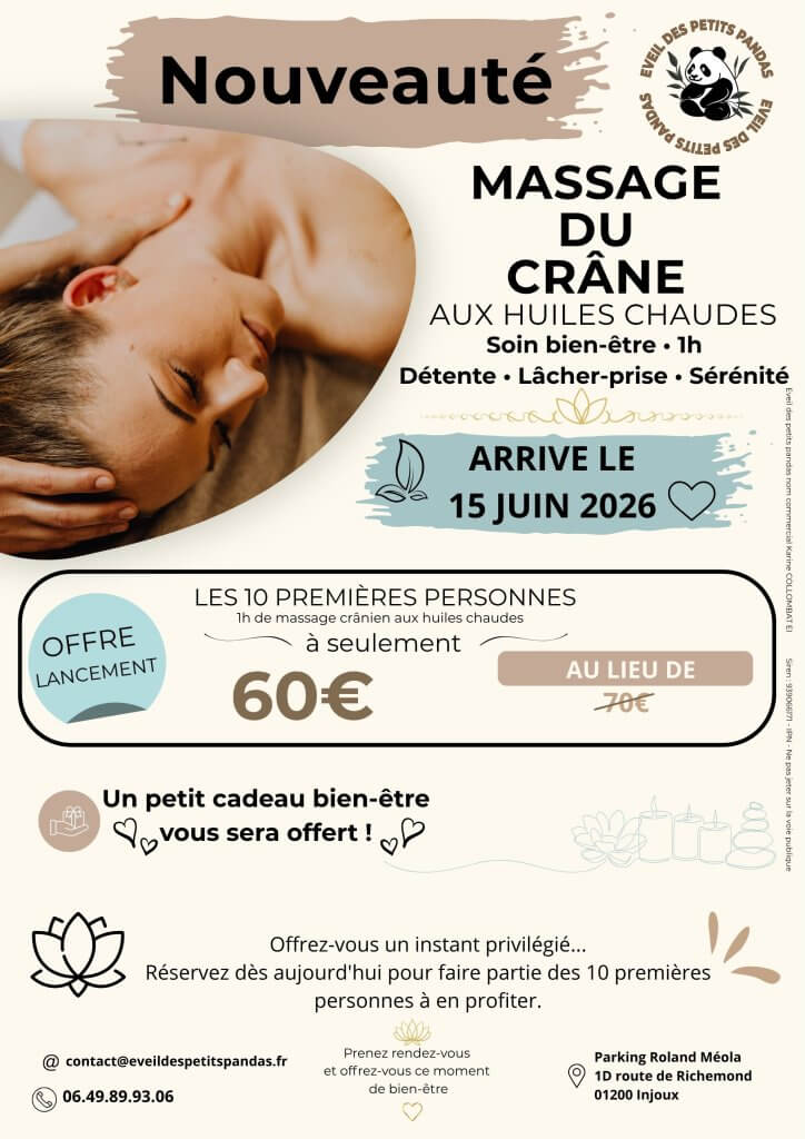 Massage crânien aux huiles chaudes à Injoux-Génissiat – Soin bien-être d'une heure avec offre de lancement chez Éveil des Petits Pandas.